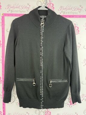 Cyc Stud-Trim Zip Front Knit Jacket / sweater/ shirt rhinestone Black 2 pockets